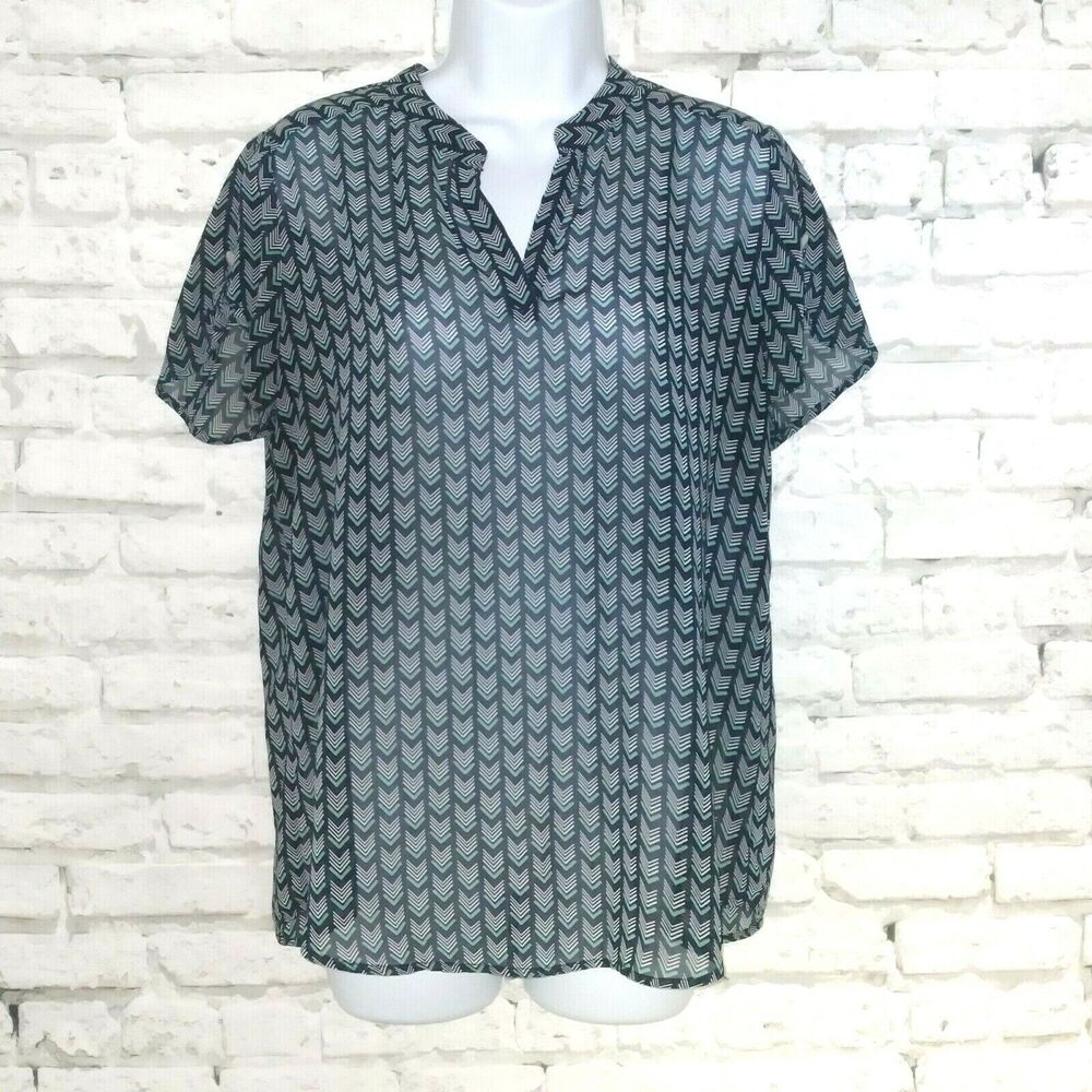 Alice Blue Womens Blouse Medium Blue Geometric V Neck Short Sleeve Top Sheer